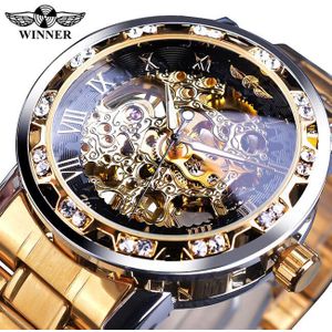 Winnaar Classic Blue Mens Mechanische Horloges Romeinse Zwart Roestvrij Stalen Band Rhinestone Skeleton Hand Wind Bedrijvengids Horloge Klok