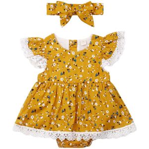 2 Stuks Pasgeboren Baby Meisje Bloemen Romper Jurk Kleding Kant Bloemen Solid Jumpsuits Jurk Hoofdband Zomer Outfit