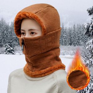 Vrouwelijke Winter Gebreide Hoeden Voeg Bont Gevoerde Warme Winter Hoeden Voor Vrouwen Met Rits Houden Gezicht Warmer Balaclava pompoms Cap