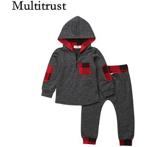 Citgeett Pasgeboren Baby Meisjes Jongens Warm Hooded Sweater + Broek 2 Stuks Outfits Kleding Plaid Grijs Herfst Set