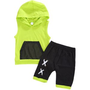 1-6Y Zomer Peuter Baby Jongens Pocket Solid Mouwloze Hooded Tops Shorts Kleding Sets 2 Stuks