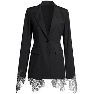 [Eam] Vrouwen Zwart Grijs Lace Split Joint Blazer Revers Lange Mouwen Losse Fit Jas Mode Tij Voorjaar herfst 1Z596