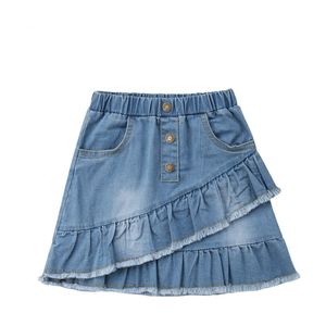 Emmababy Peuter Kids Girls Blue Denim Mini Rok Ruches Knop Mode Jean Rok Casual Zomer