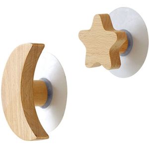 2 Stuks Decoratieve Houten Haken Kleerhangers Moon Star Vormige Haken (Log Kleur)