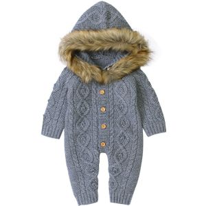 Focusnorm 0-18M Winter Baby Jongens Rompertjes Solid Lange Mouw Enkele Breasted Fur Hooded Knit Warm Jumpsuits