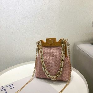 Mode Stro Weave Houten Clip Tas Voor Vrouwen Acryl Chain Vrouwen Schoudertassen Luxe Kleine Shell Vrouwelijke Handtas