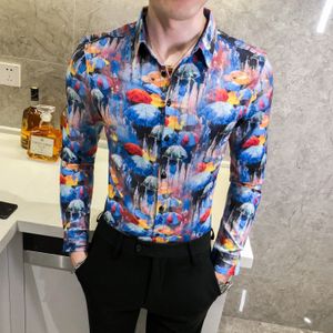 Luxe Afdrukken Mannen Bloem Shirt Herfst Koreaanse Slim Fit Casual Mannen Sociale Overhemd Lange Mouwen Night Club Camisa Masculina
