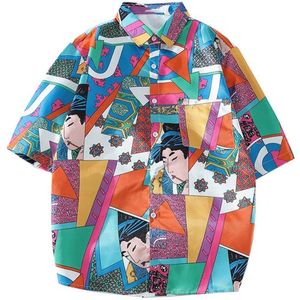 Gonthwid Japanse Stijl Ukiyo E Geometrische Print Korte Mouw Hawaiian Shirts Streetwear Heren Zomer Casual Beach Blouse Tops