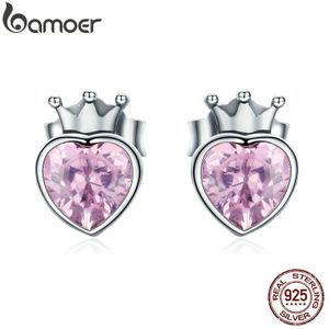 Bamoer Authentieke 925 Sterling Zilver Sweet Roze Hart Van Crown Stud Oorbellen Voor Vrouwen Luxe Zilveren Sieraden Bijoux SCE174