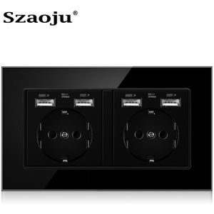 Szaoju 146*86 Stopcontact Duitse Standaard 16A Crystal Gehard Glas Panel Socket Stopcontact Met Usb Opladen AC110-250V