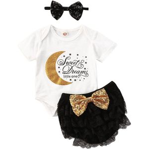 Baby Meisje 3Pcs Kleding Set Brief Print Korte Mouw Brief Bodysuit + Sequin Bow Lace Shorts + Hoofdband Outfit