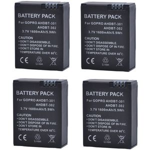 4 stks 1600 mAh Go Pro HERO 3 batteria voor GoPro HD HERO3/3, GoPro HERO3 +, HERO3 en GoPro AHDBT-201, AHDBT-301, AHDBT-302