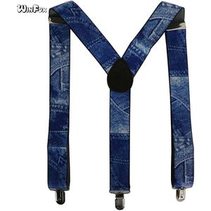 Winfox 3.5 cm Breed Adustable Mannelijke Bretels Riemen 3 Clips Denim Blauw Elastische Bretels Voor Heren Jarretel