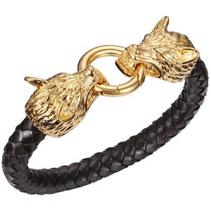 Cool Rvs Wolf Hoofd Armbanden Armbanden Zwart Lederen Armband Mannen Pulseras Sieraden