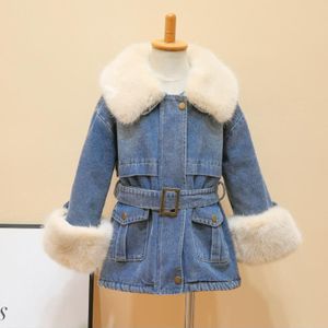 Baby Meisjes Denim Plus Fluwelen Jassen Kinderen Bontkraag Lange Jas Kids Warme Winter Bovenkleding Peuter Tops Ws1284