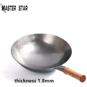 Master Star Traditionele Ijzeren Wok 100% Handgemaakte Diepe Wok Houten Handvat Non-stick Smeedijzeren Keuken Kookgerei