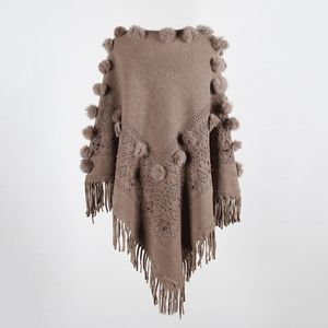 Herfst Winter Vrouwen Bont Bal Kwasten Poncho Truien Volledige Mouw Gebreide Capes Effen Kleur Onregelmatige Losse Trui