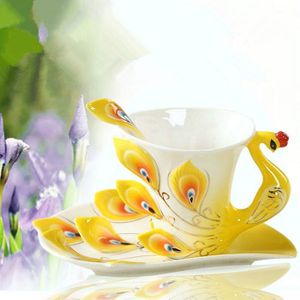 3D Pauw Emaille Koffie Mok Cup Set Keramische Thee Melk Drinkware China Bone Vriend