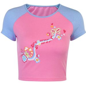 90S E-Meisje Y2K Bloemen Grafische Print Voorkant Patchwork Roze T-shirts Kawaii Zomer O-hals Korte Mouwen Vintage Crop top