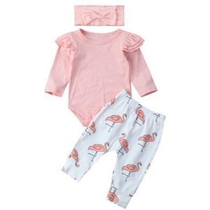 3 Stks/set Pasgeboren Baby Kids Meisje Kleding Romper Shirt Tops + Flamingo Broek Leggings + Hoofdband Outfits Trainingspak