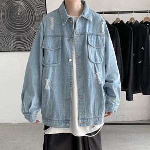 Katoen Ripped Denim Jas Heren Mode Retro Toevallige Gat Denim Jassen Heren Streetwear Koreaanse Losse Hip-Hop Bomber jas Mannen