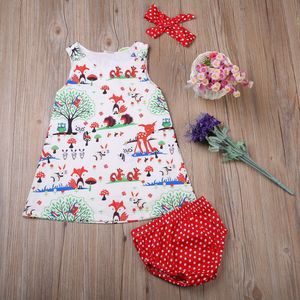 Leuke Gedrukt Cartoon Jurk Baby Meisje Kleding Pasgeboren Meisjes Bloemen Dot Jurken Met Hoofdband Shorts Outfits 3 Pcs Set 0-24M