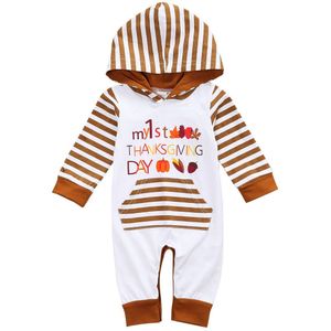 Peuter Baby Baby Jongen Meisje Romper Mijn 1st Thanksgiving Dag Gestreepte Hooded Lange Mouw Jumpsuit Kleding Outfits Playsuit 0-18M