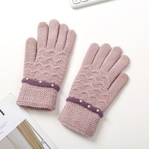 Winter Gebreide Handschoenen Voor Vrouwen Dikke Warme Handschoenen Vrouwelijke Parel Decoratie Touch Screen Volledige Vingers Pols Wanten Dames Guantes