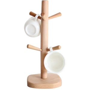 Hthl-Houten Keuken Opbergrek Mok Rack Boom Verwijderbare Bamboe Mok Stand Opslag Koffie Thee Cup Organizer Hanger Holder met 6 Ho