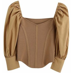 Kpytomoa Vrouwen Mode Met Poplin Cropped Gebreide Blouses Vintage Vierkante Kraag Bladerdeeg Mouw Vrouwelijke Shirts Blusas Chic Tops