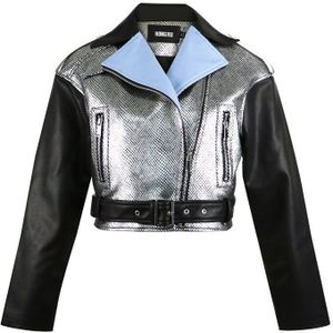 Lente Sliver Leren Jas Vrouwen Kunstleer Korte Locomotief Slim Zwart Zilver Patchwork Biker Jas HR5058