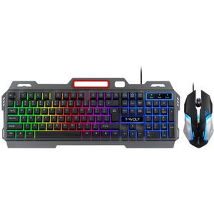 T-WOLF TF-600 Wired Keyboard Mouse Combo 104 Keys Metal Panel Gaming Keyboard Suspension Keycap 4-gear 2400DPI Mouse for Game