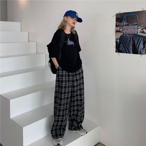 Broek Vrouwen Mode Zwarte Plaid Retro Harajuku Studenten Streetwear Volledige Lengte Wijde Pijpen Broek Chic Populaire Unisex