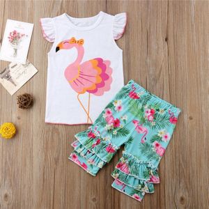 Mode Kinderkleding Peuter Kids Baby Meisjes Flamingo Gedrukt Katoen Tops T-shirt Ruches Broek Kinderkleding Set