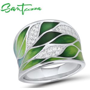 Santuzza Zilveren Ringen Voor Vrouwen Echt 925 Sterling Zilveren Groene Bamboe Bladeren Lichtgevende Cz Trendy Sieraden Handgemaakte Emaille