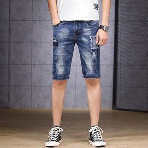 Mannen Blauwe Jeans Shorts Slim Fit Straight Denim Shorts Zomer Gat Gewassen Mannen Jeans Zakken Rits Jean Shorts