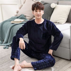 Winter Thicken Warm Soft Blue Flannel Pajamas Sets for Men Night Pijamas Male Long Sleeve Pyjamas Sleepwear Suit Casual Homewear
