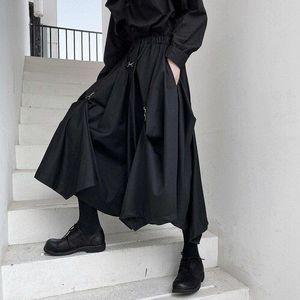 Japanse Dark Retro Persoonlijkheid Zwarte Wijde Broek Mannen Losse Rechte Casual Broek Onregelmatige Hakama Baggy Broek Broek