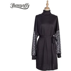 Benuynffy Herfst Winter Dot Mesh Mouwen Gebreide Mini Jurken Vrouwen Zwarte Elegante Hoge Hals Lange Mouw Kantoor Jurk Met riem