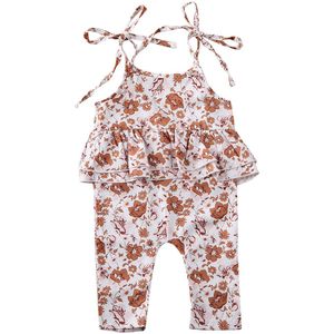 0-24M Peuter Baby Meisje Rompertjes Kleding Ruche Mouwloze Riem Bloemen Print Jumpsuit Outfit Zomer