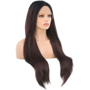 Bombshell Zwarte Wortels Ombre Bruin Rechte Synthetisch Haar Lace Front Pruik Hittebestendige Vezel Haar Middenscheiding Voor Vrouwen Pruiken