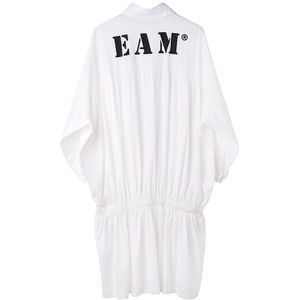 [Eam] Vrouwen Wit Brief Gedrukt Plisse Big Size Shirt Jurk Revers Lange Mouwen Loose Fit Mode Lente herfst F95500