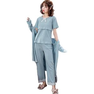 3 Stuks Set Kant Gedrukt Katoen Moederschap Verpleging Nachtkleding Mode Nachtkleding Voor Zwangere Vrouwen Herfst Winter Zwangerschap Pyjama