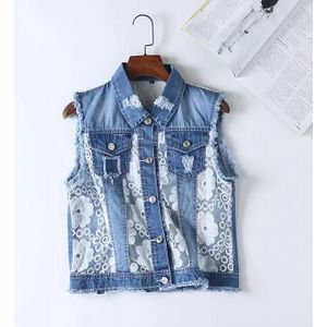 LUNDUNSHIJIA Vrouwen Mouwloze Kant Patchwork Denim Vesten Zomer Herfst Mode Streetwear Dames Mouwloze Jassen