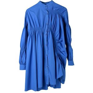 [Eam] Vrouwen Blauw Plisse Big Size Shirt Jurk Stand Kraag Lange Mouwen Losse Fit Tij Voorjaar herfst 1K93705