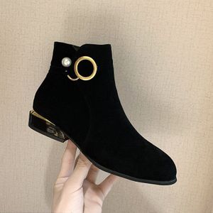 Winter Schoenen Vrouwen Enkellaars Faux Zwarte Lage Hakken Suede Booties Parel Jurk Schoenen Vierkante Hak Botas Mujer Plus size