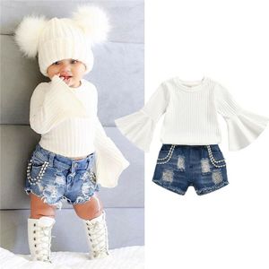 Mode Zomer Meisje Kleding Flare Mouw Gebreide Top Denim Shorts Baby Peuter Meisje Outfits Kinderkleding Set 1-5Y