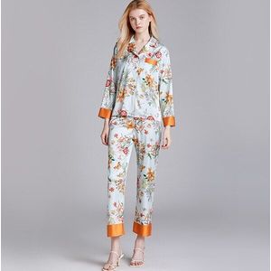 July's Lied Faux Zijde Satijn Pyjama Set 2 Stuk Vrouwen Lente Bloem Plant Afdrukken Lange Mouw Nachtkleding Pyjama Pak Thuis dragen