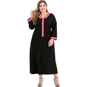 Plus Size Vrouwen Zomer Toevallige Lange Mouwen Vrouwelijke Patchwork V-hals Solid Zwart Maxi Lange Jurken Dames Tuniek Jurk