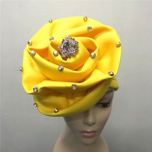 BlackWin nigeriaanse gele headtie Afrikaanse aso oke headtie auto gele tulband cap met kraal en broche voor vrouwen voor party -L5